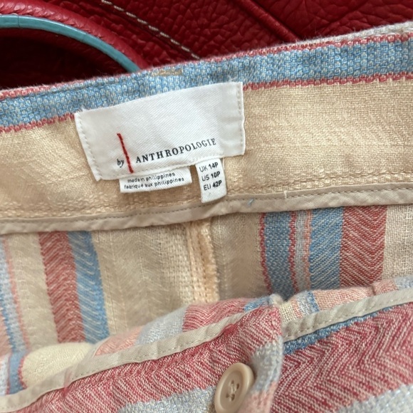 Anthropologie Beachy Wide Leg Soft Neutral Linen Coastal Striped Pants 10 Petite - Picture 5 of 8